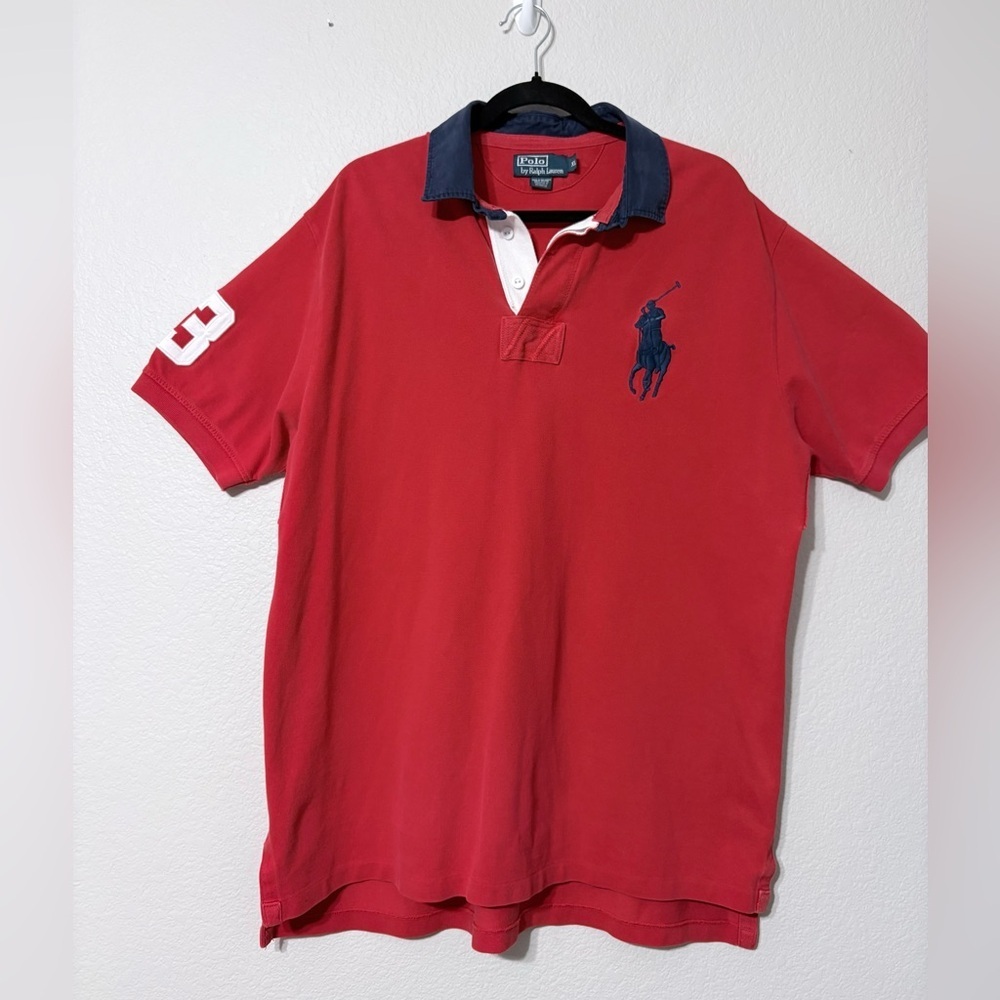 Vintage Polo Ralph‎ Lauren Rugby Red Shirt with Navy Accents Big Pony #3 Sleeve